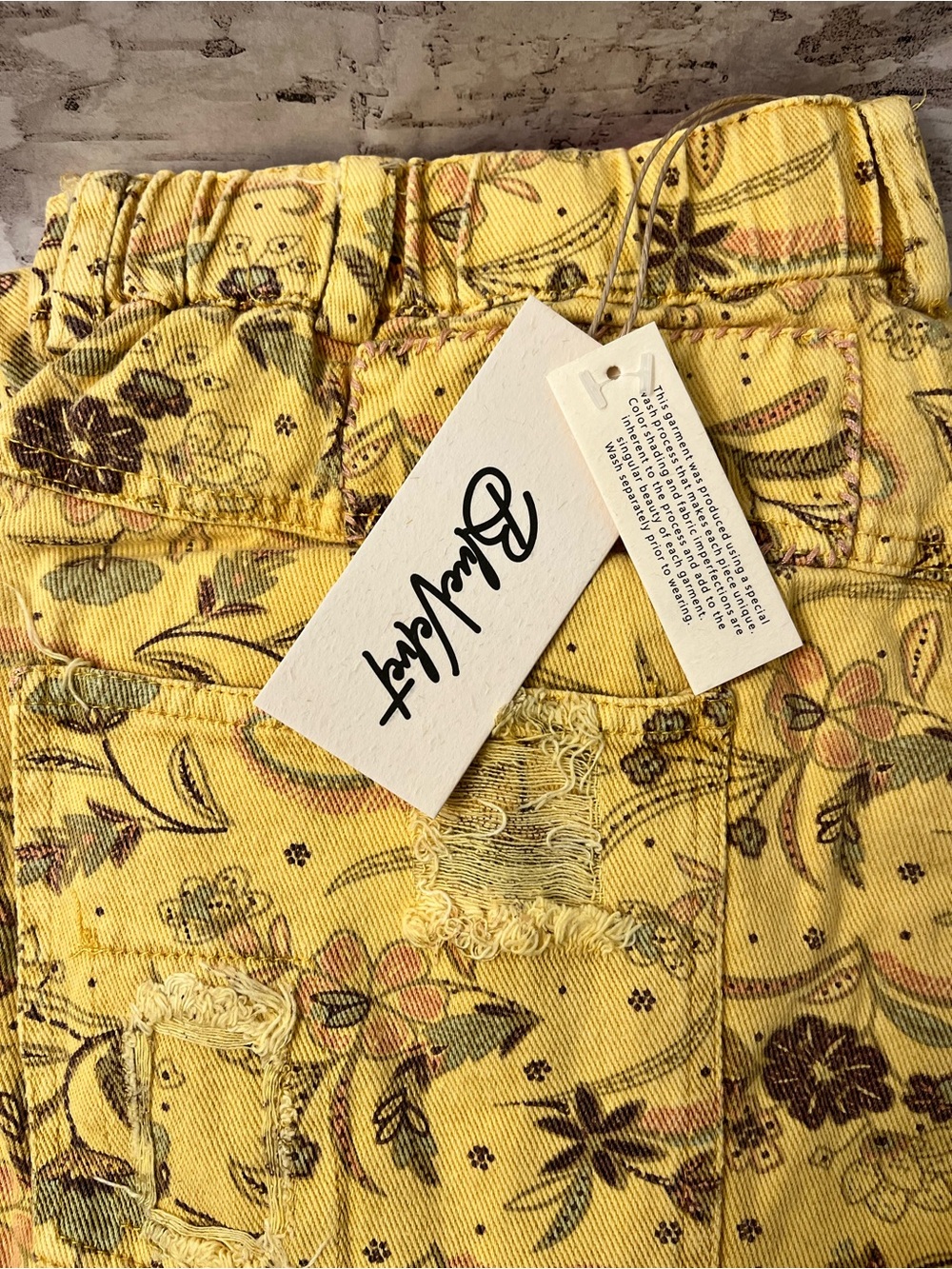 Easel Floral Patchwork Distressed Cotton Pants Mustard Red L/XL NWT